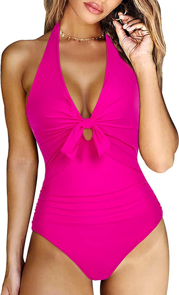 Pink Halter Plunge Ruffled One Piece Swimsuit