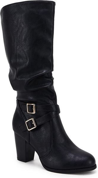 Classic Black Buckle Side Women's Chunky Heel Mid Calf Boots