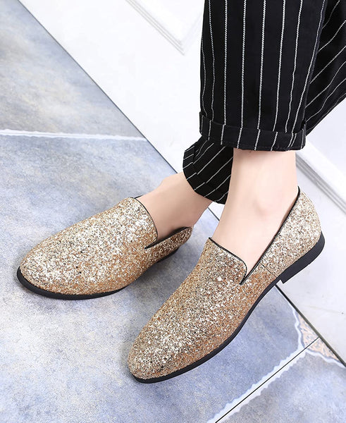 Glittered Gold Metallic Elegant Men's Loafer Dress Shoes