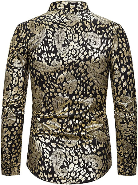 Elegant Gold Paisley Print Casual Men's Long Sleeve Dress Shirt