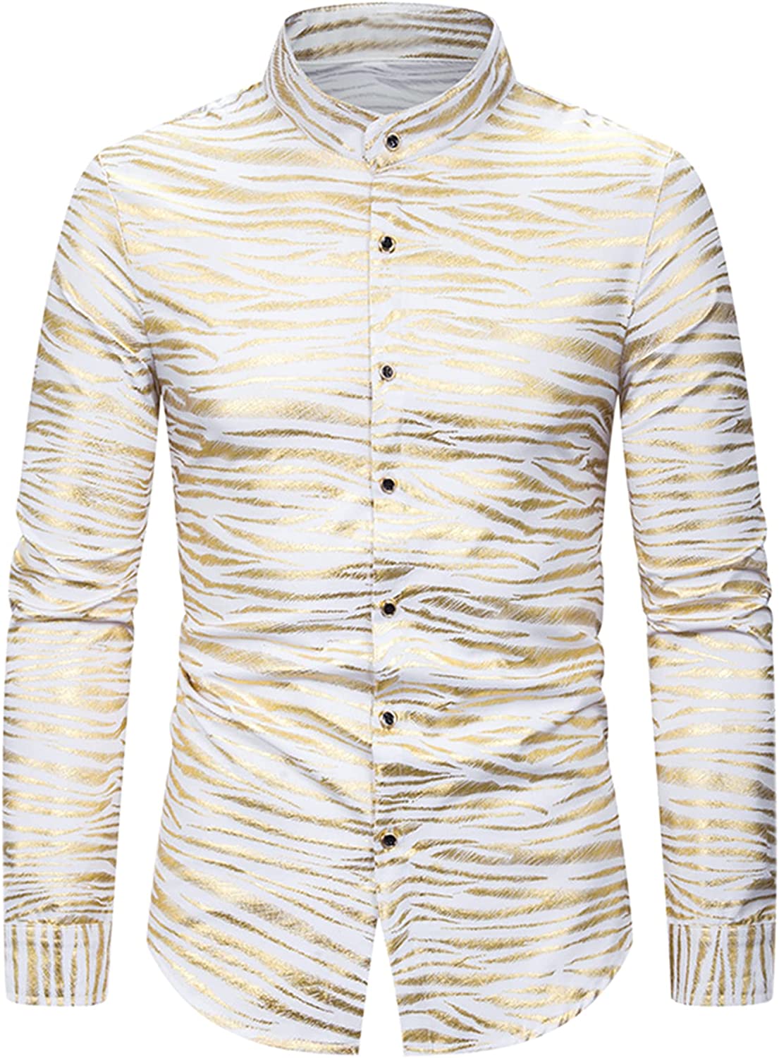 White Animal Printed Button Down Long Sleeve Men's Dress Shirt