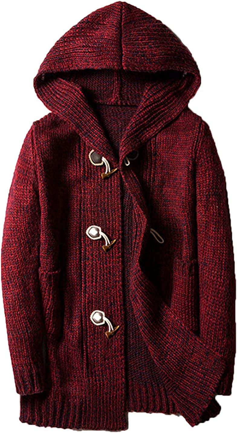 Men's Spanish Wine Red Loose Horn Mid Long Hooded Cardigan Sweater