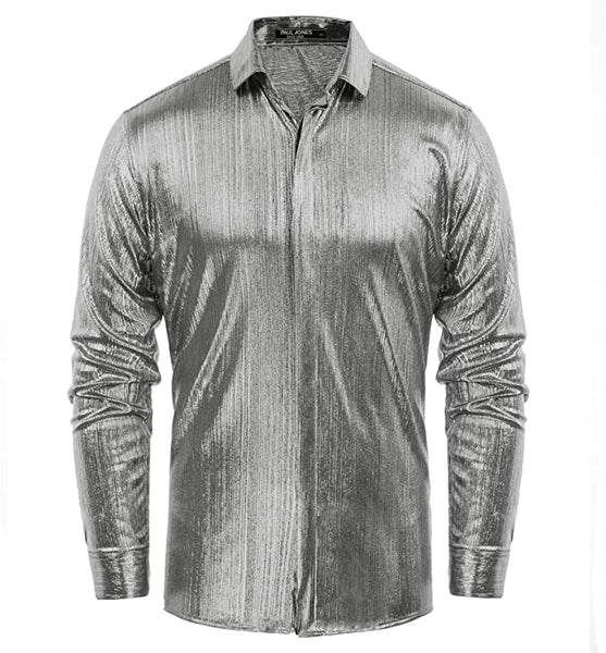 Men's Metallic Black Long Sleeve Button Up Dress Shirt