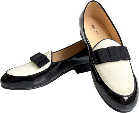 Men's Black and White Leather Loafers Shoes Banquet with Bowtie Flats