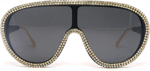 Bling Rhinestone Black Oversized Retro Shield Sunglasses