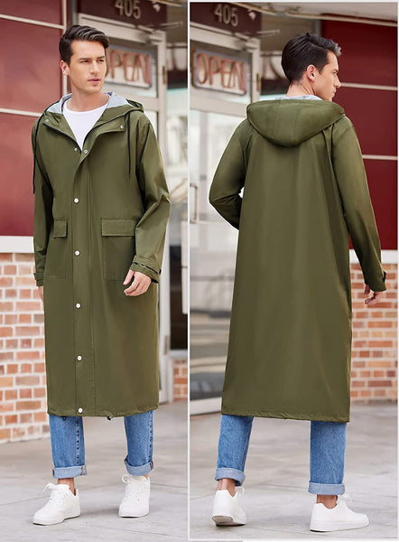 Men's Army Green Lightweight Hooded Long Rain Jacket