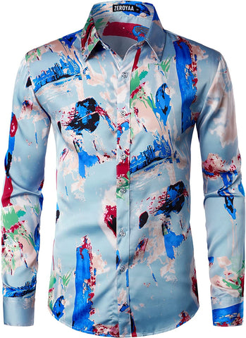 Men's Hipster Blue Long Sleeve Button Up Satin Dress Shirts