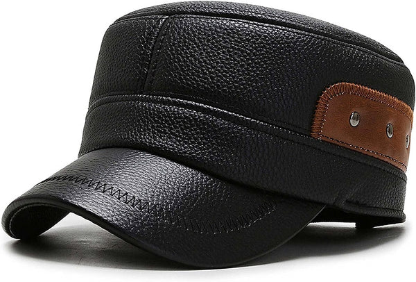 Men's Brown-Black Leather Military Cadet Peaked Cap with Earflap