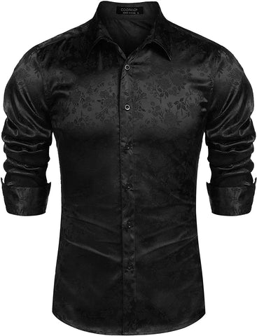 Men's Black Floral Rose Printed Long Sleeve Dress Shirt