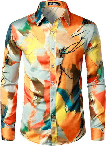 Men's Hipster Yellow Long Sleeve Button Up Satin Dress Shirts