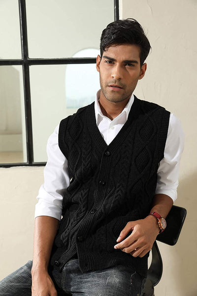 Cable Knitted Black Button Down Men's Sweater Vest