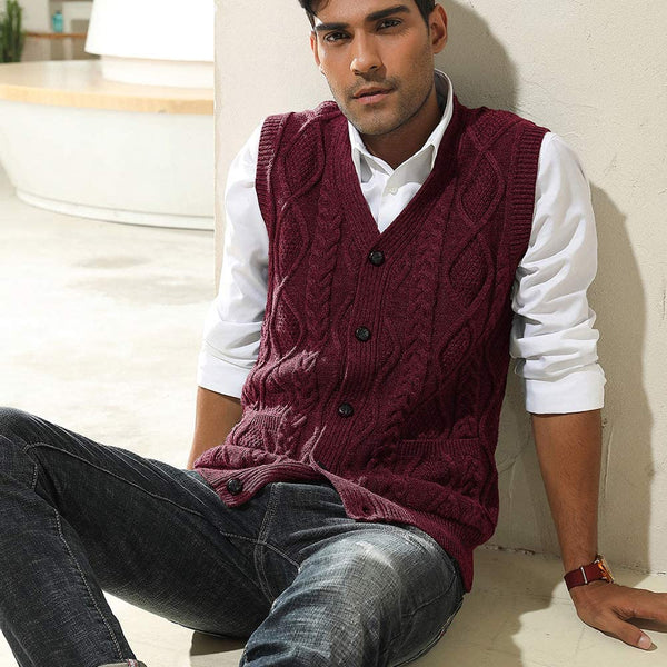 Cable Knitted Wine Red Button Down Men's Sweater Vest