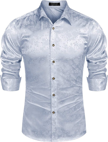 Men's Clear Blue Floral Rose Printed Long Sleeve Dress Shirt