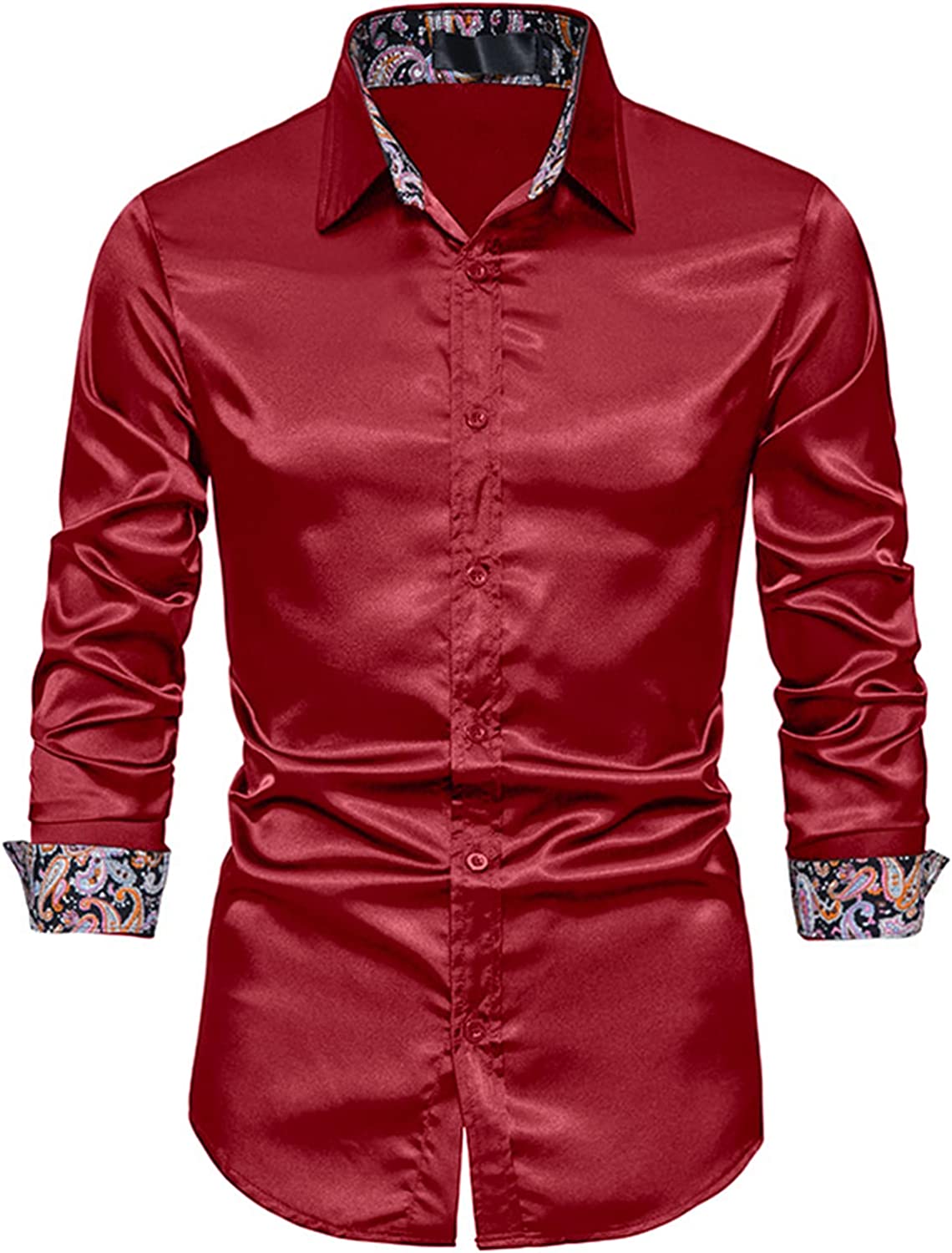 Men's Shiny Luxury Red Satin Long Sleeve Dress Shirt