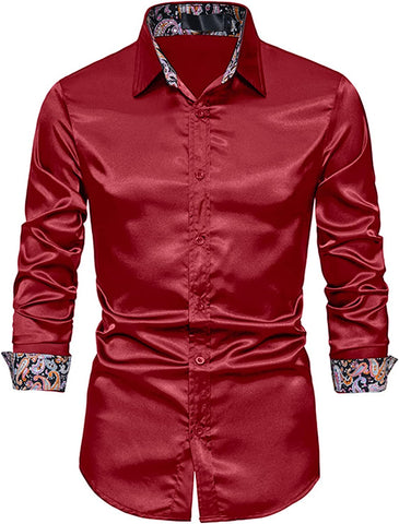 Men's Shiny Luxury Red Satin Long Sleeve Dress Shirt