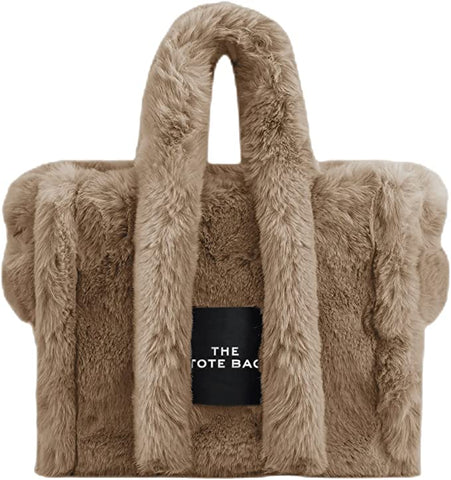 Faux Fur Chic Top Handle Brown Fuzzy Tote Bag