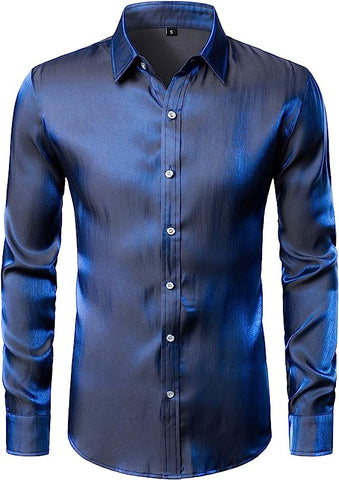 Men's Navy Blue Luxury Shiny Satin Long Sleeve Dress Shirt