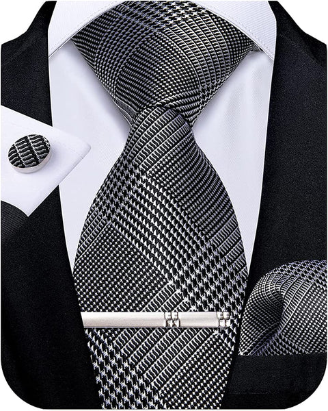 Men's High Quality Jacquard Silk Silver Diamond Cufflink Tie Clip Set