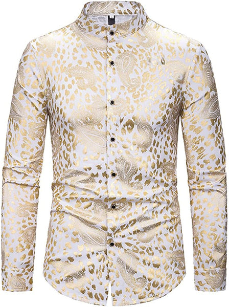 Elegant White Paisley Print Casual Men's Long Sleeve Dress Shirt