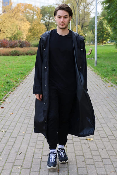 Men's Black Lightweight Hooded Long Rain Jacket