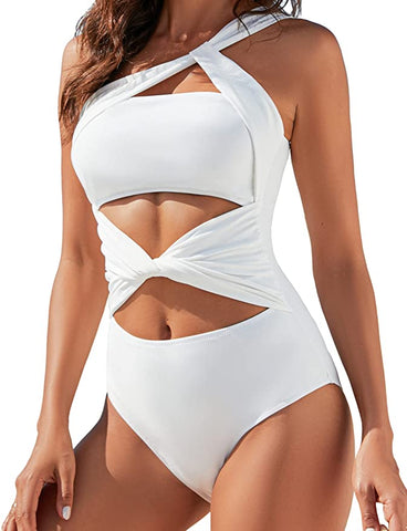 White One Shoulder Gathered Knot One Piece Swimsuit