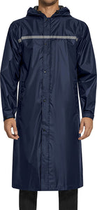 Men's Navy Hooded Reflective Lightweight Long Rain Jacket