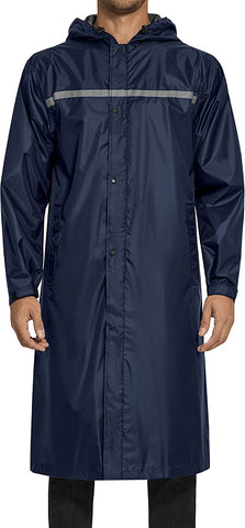 Men's Navy Hooded Reflective Lightweight Long Rain Jacket