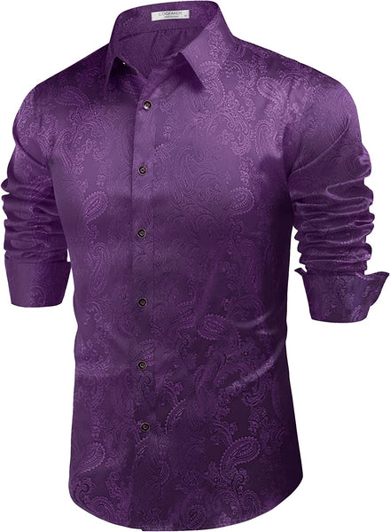 Men's Purple Floral Rose Printed Long Sleeve Dress Shirt