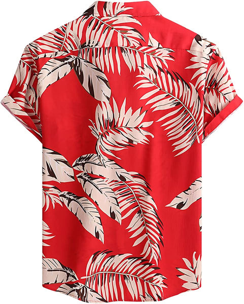 Men's Orange Leaves Print Casual Short Sleeve Shirt