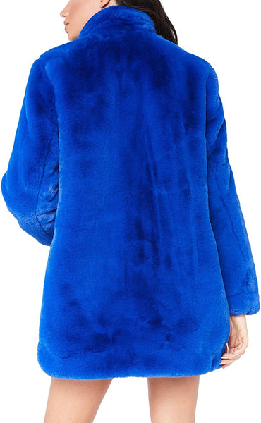 Women's Blue Winter Warm Lapel Long Sleeve Faux Fur Coat