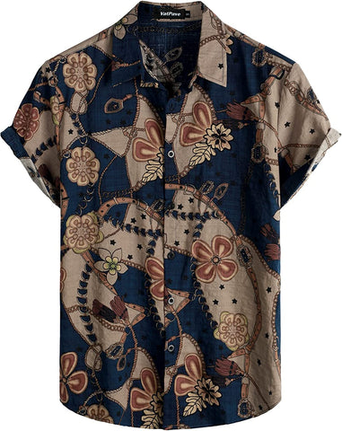 Men's Navy/Beige Print Casual Short Sleeve Shirt