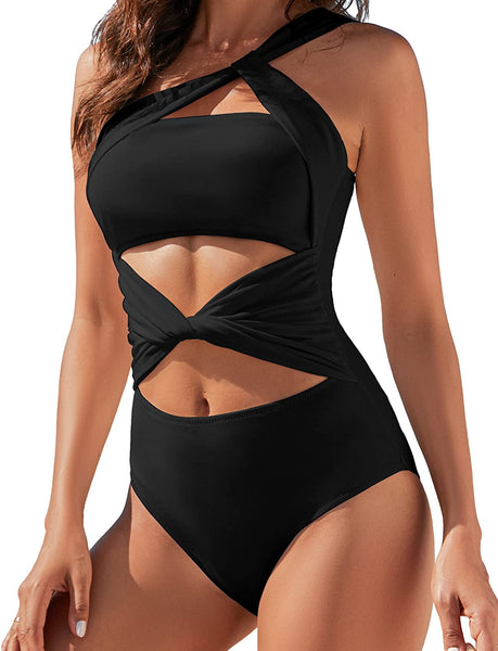 One Shoulder Black Twist Cut One Piece Swimsuit