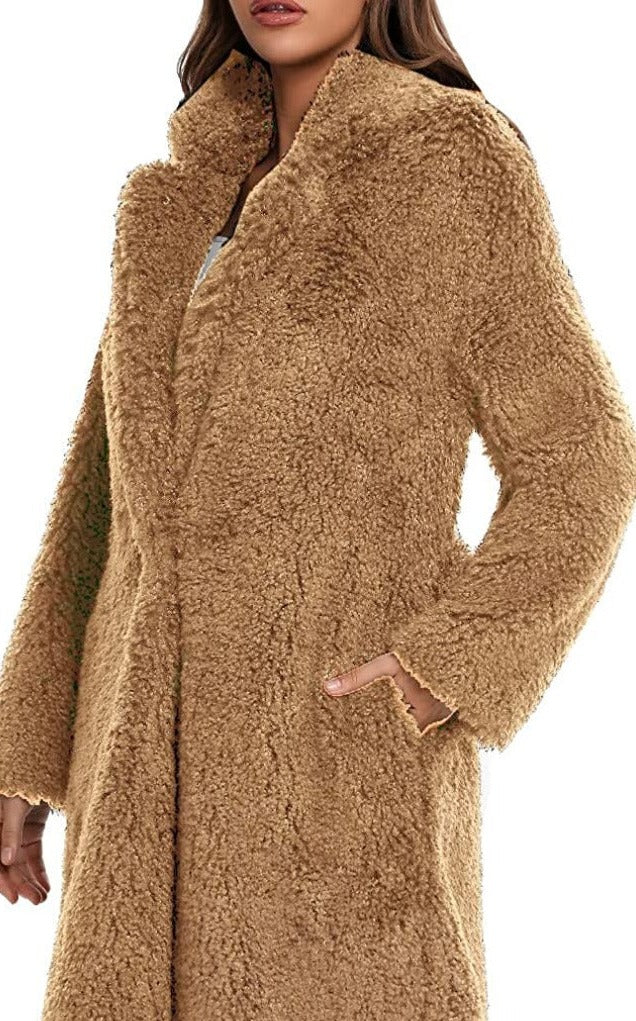 Brown Open Front Faux Fur Long Women's Winter Coat