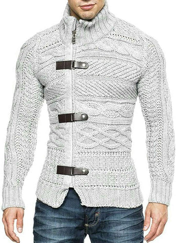 Men's Grey Knitted Turtleneck Long Sleeve Slim Fit Sweater Cardigan