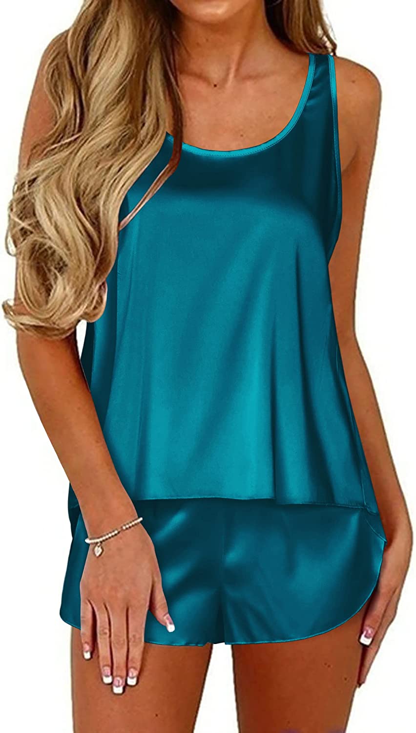 Dreamy Turquoise Satin Silk Tank Top and Shorts Sleepwear Set