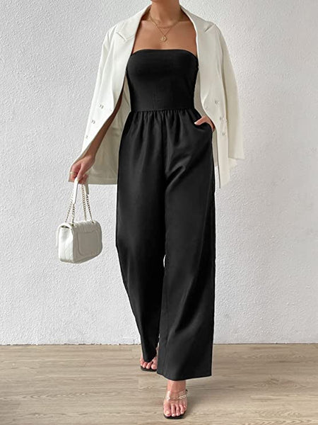 Chic Black Strapless Wide Leg Jumpsuit