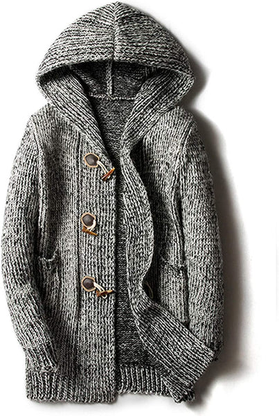 Men's Spanish Grey Loose Horn Mid Long Hooded Cardigan Sweater