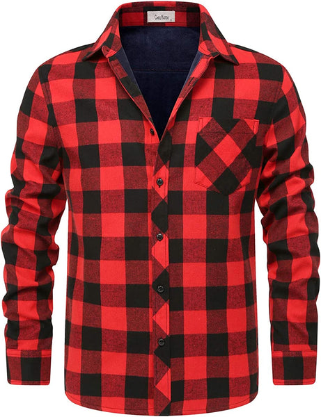 Fleece Lined Teal Plaid Men's Casual Long Sleeve Shirt