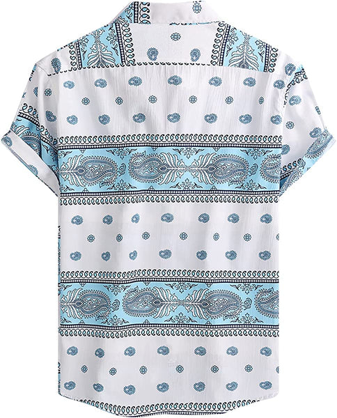 Men's White Paisley Printed Button Up Short Sleeve Shirt