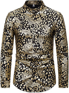 Elegant Gold Paisley Print Casual Men's Long Sleeve Dress Shirt