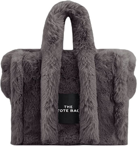 Faux Fur Chic Top Handle Dark Grey Fuzzy Tote Bag