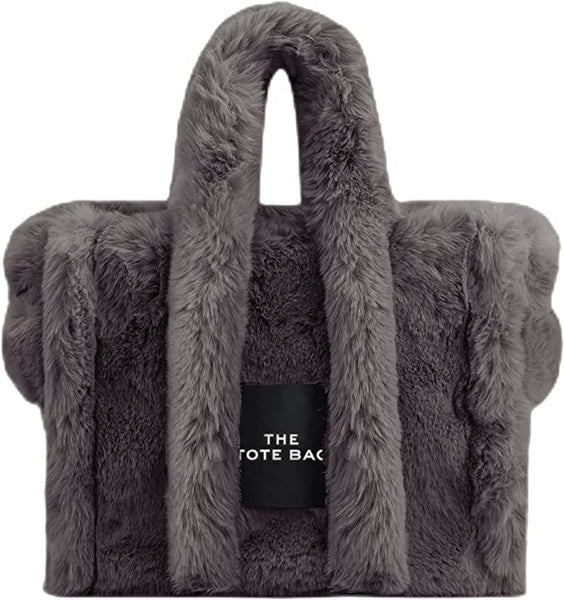 Faux Fur Chic Top Handle Light Gray Fuzzy Tote Bag