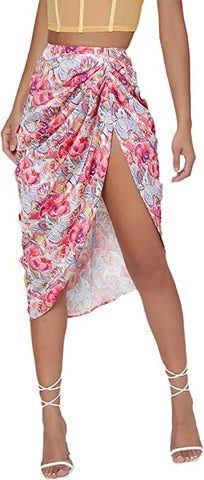 Satin Floral Pink High Waist Ruched Skirt