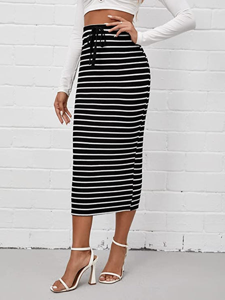 Black & White Striped Drawstring Pencil Skirt