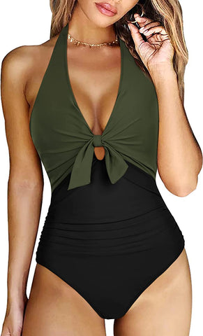 Green & Black Halter Tie Up Backless One Piece Swimsuit