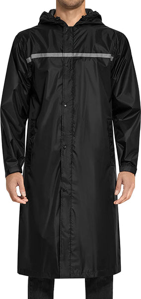 Men's Black Hooded Reflective Lightweight Long Rain Jacket