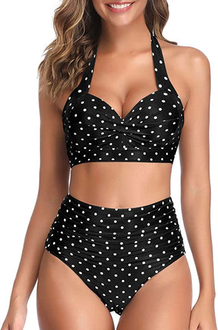 Vintage Halter Style Navy Polka Dot 2pc High Waist Swimsuit Set