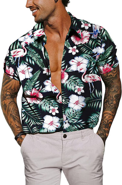 Men's Casual Black Floral Short Sleeve Hawaiian Shirt