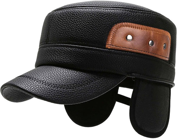 Men's Brown-Black Leather Military Cadet Peaked Cap with Earflap