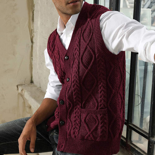 Cable Knitted Wine Red Button Down Men's Sweater Vest